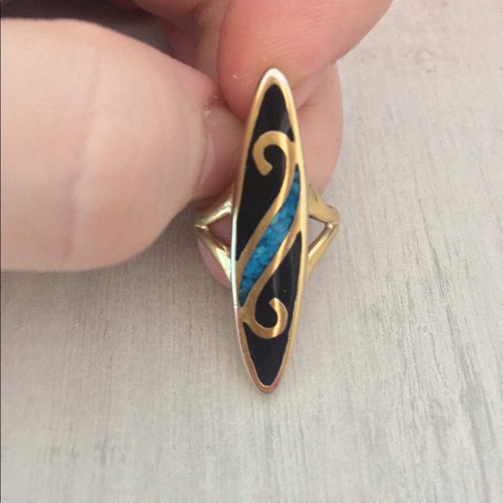 Vintage Gold Black Onyx & Turquoise Ring